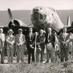 Officials pose in front of the "Eager Beaver," a World War II B17 bomber acquired by Williamsport Technical Institute in 1946. Dr. George Parkes, WTI director, is fourth from the left. The nose panel was donated to the Mighty Eighth Air Force Museum in Pooler, Ga., in 2000.