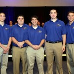 ABC National Chairman Greg Hoberock joins a team of blue-clad Penn College construction management students, from left: Charles J. Lutz, of Reading; Benjamin S. Stover, of Hershey; Nicholas S. Tomaine, of Lafayette Hill; Everett J. Zaluski, of Warrington; and Preston K. Nelson, of New Tripoli.