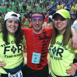 Dancers Madeline A. Lusk (left) and Kelsey J. Maneval get a morale boost from their Penn College Benefiting THON colleague Eric S. Ross, a physical fitness specialist major from Orwigsburg.