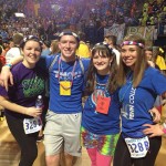 Lusk and Maneval bookend their colorfully clad THON supporters Cavan R. Irvine, of York, a physician assistant major, and Emma J. Sutterlin, a pre-applied health studies: occupational therapy assistant major from State College.