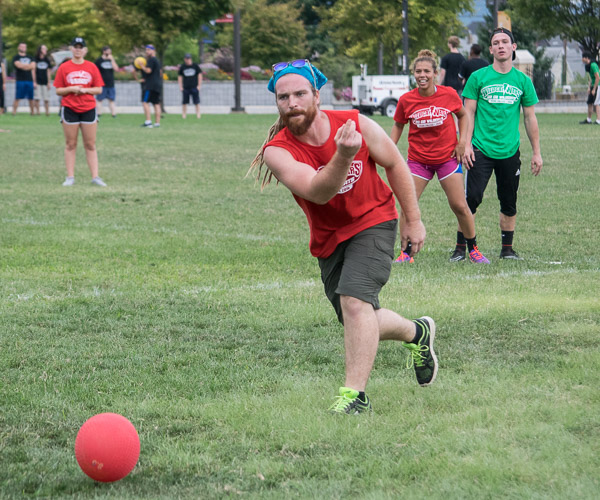 Wildcat Warrior Noah L. English delivers a kickball pitch with wicked form and a determined gaze. (The kickball tournament was won by Dauphin Hall, which also claimed top prize in the relay races and finished second in total points.)