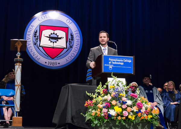 Alumni Achievement Award winner Thomas J. Giannattasio accepts the honor with humility and humor, relating how Penn College gave him focus and purpose after lackluster years in high school.