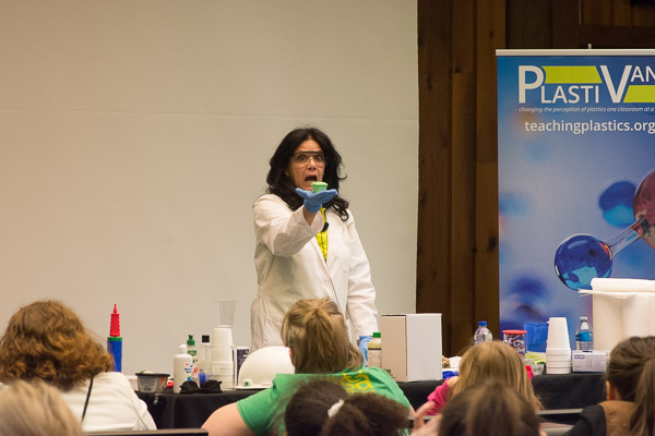 Elizabeth Egan, a PlastiVan educator with the Society of Plastic Engineers, mixes fun and chemistry to create crowd-pleasing slime.