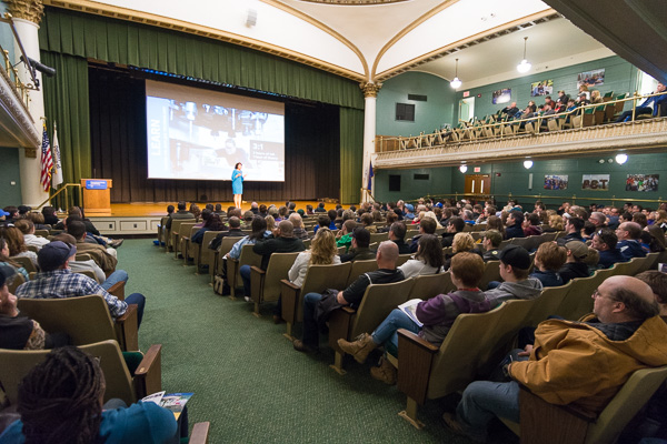 Admissions counselor Melinda D. Heckman addresses a full house during the day’s first general information session in the Academic Center Auditorium.