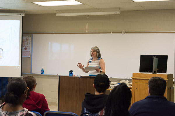 Sandra L. Richmond, dean of nursing and health sciences, introduces students to health sciences programs during an information session. 