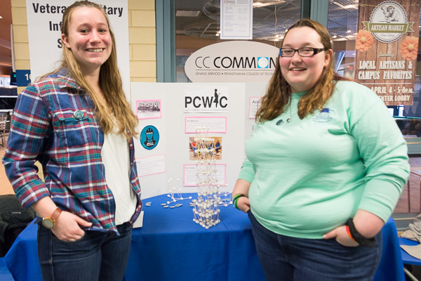 Lauren S. Herr, a construction management student from Lititz, and Bernice C. Weaver, a residential construction technology and management student from Newville, represent the Women in Construction club at the Student Involvement Fair.