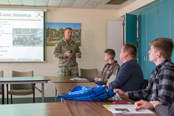 Maj. Jonathon M. Britton speaks to prospective students about the benefits, challenges and opportunities of being an ROTC cadet in the Bald Eagle Battalion.