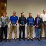 From left are Michael E. Allen, welding instructor and department head; students Bachman, Brown, Cline and Passarelli; Flood, AWS president; and students Carroll and Rosler.