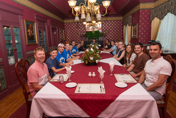 Family dinner? Architecture campers enjoy the Victorian House dining room along with their camp leaders, Daniel L. Brooks (far left), architectural technology instructor, and Naim N. Jabbour (far right), assistant dean of construction and design technologies.