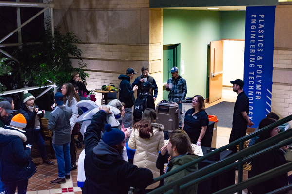 The ATHS lobby offers shelter and treats.