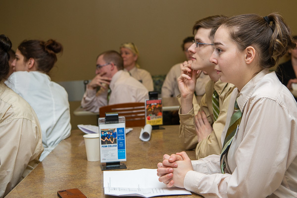 Listening intently to instructions are Alexa D. Scatamacchia, culinary arts technology, and Ricky J. Frankhouser, hospitality management. 