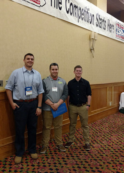 David H. Guarriello (left), of Bethlehem, and Zachary N. Wilkinson (right), of North Wales, construction management majors at Penn College, meet with Fall 2019 freshman Mike R. Miller during the Pennsylvania Technology Student Association State Conference in Seven Springs. Miller, of Montgomery, enjoyed the opportunity to talk with two students in his future major about coursework, internships and career opportunities. 