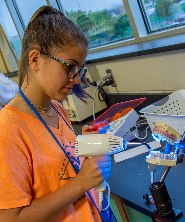 In a dental hygiene workshop, a participant cures a sealant.