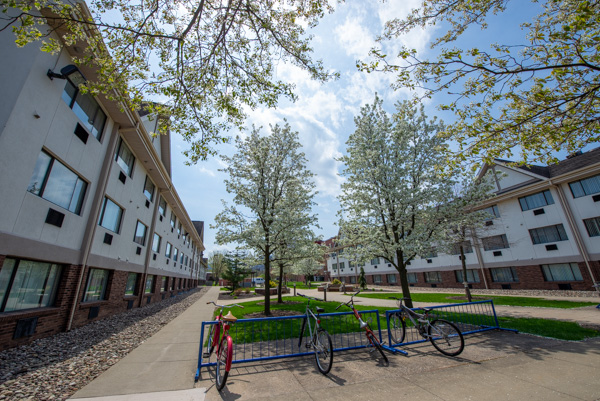 Student housing courtyards also showcase the beauty of the season.   