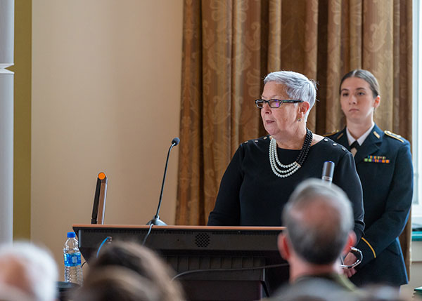 Penn College President Davie Jane Gilmour, a strong advocate for the ROTC program throughout her 24-year tenure, offers remarks.