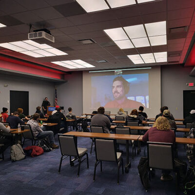 Tadić interacts virtually with members of the college's SolidWorks Users Group during a Jan. 23 presentation in the Thompson Professional Development Center.