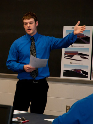 Corey A. Shank, of Chambersburg, presents his senior project%3A the design for a new athletic facility.