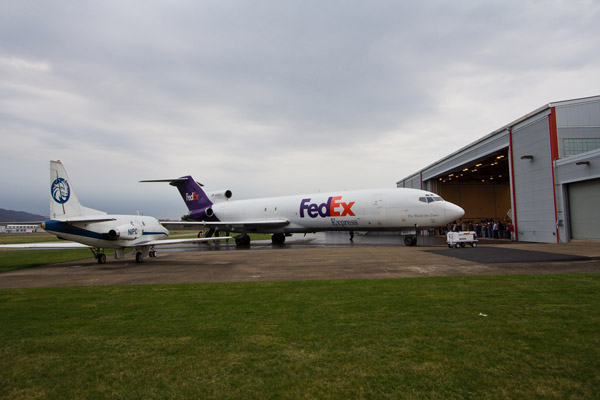 A donated FedEx Express Boeing 727-200F sits in front of the hangar at Pennsylvania College of Technology%E2%80%99s Lumley Aviation Center at the Williamsport Regional Airport, where dedication ceremonies took place March 28.