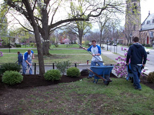 Landscape students busily improve the YWCA exterior, part of a recent daylong service project organized by a national horticultural trade organization.