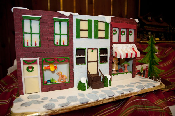 A row of chocolate storefronts, complete with toys and baked goods in the windows, earned third place for Katrina Snelgrove.