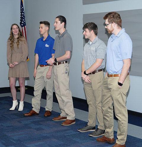 Members of this year's construction management team relive for corporate advisers their performance during national competition in Florida. From left are Danielle E. Malesky, of Biglerville; Todd I. Lavish, of Chester Springs; Conor B. Laraia, of Chambersburg; Noah H. Jumper, of Shippensburg; and Michael Messina, of Nazareth.