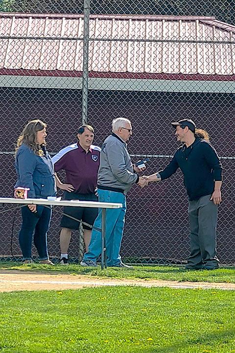 Barry Rake presents Craig A. Miller with the Barry Rake Umpire Appreciation Award from Loyalsock Township Little League. 