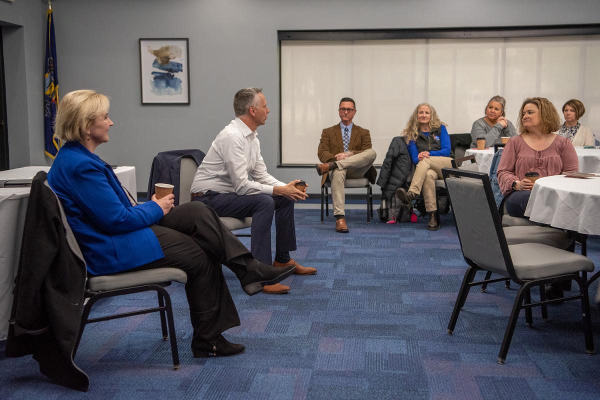 The provost and the president engage in the far-ranging discussion, an opportunity for faculty and staff to ask a wide variety of questions.