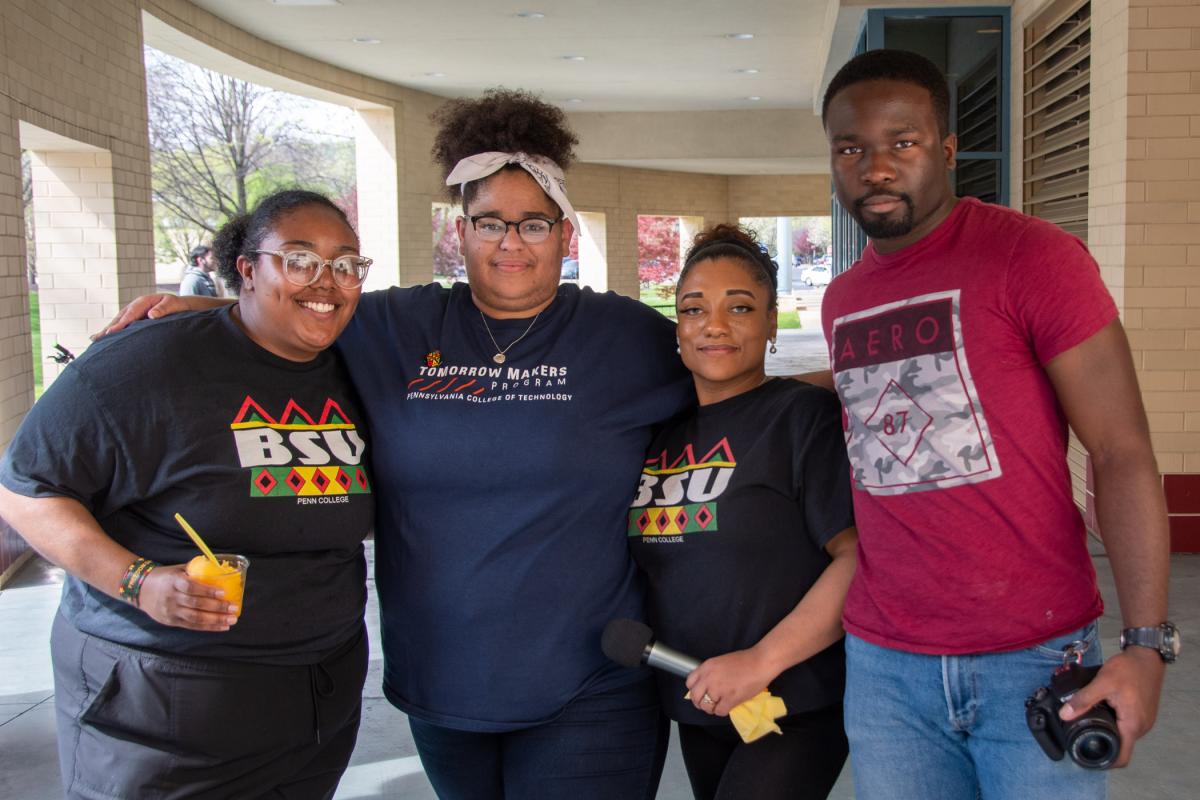 Current and former BSU members gather: from left, Chyanna L. Galagarza, a human services & restorative justice student from Williamsport; Shaqira S. Drummond, a 2022 business administration: marketing grad; Ashlee E. Massey, a human services & restorative justice student from Williamsport; and Chike Nwachukwu, a heating, ventilation & air conditioning technology student from Philadelphia.