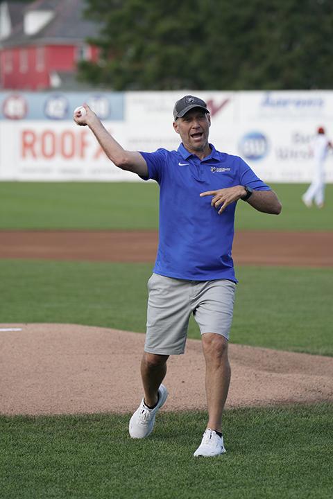 Representing Penn College on the mound is Scott E. Kennell, director of athletics and a member of the Wildcat Athletics Hall of Fame. (Photo courtesy of the Williamsport Crosscutters)