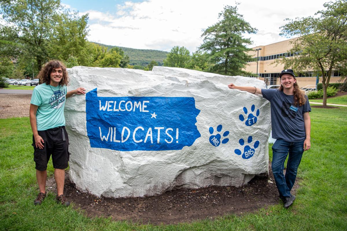 Kicking off “Wildcat Wednesday” for the new academic year are Student Engagement Assistants Dominick P. Bozza (left) and Ralph R. Courtright III. Bozza is enrolled in business management and Courtright is in construction management.