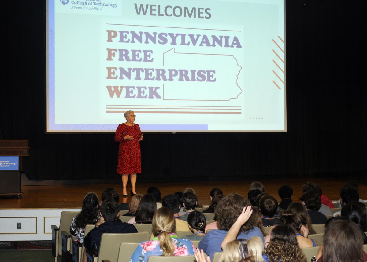 President Emeritus Davie Jane Gilmour returns to the Klump Academic Center Auditorium stage for a Tuesday morning address, "Who (Instead of What) Do You Want to Be When You Grow Up?" While citing the oft-heard quote that "Hope is not a strategy for success," the 2022 retiree said the word's letters offer an easy-to-remember road map toward human development: Help, Opportunities, People and Perseverance, and Experiences and Ethics.