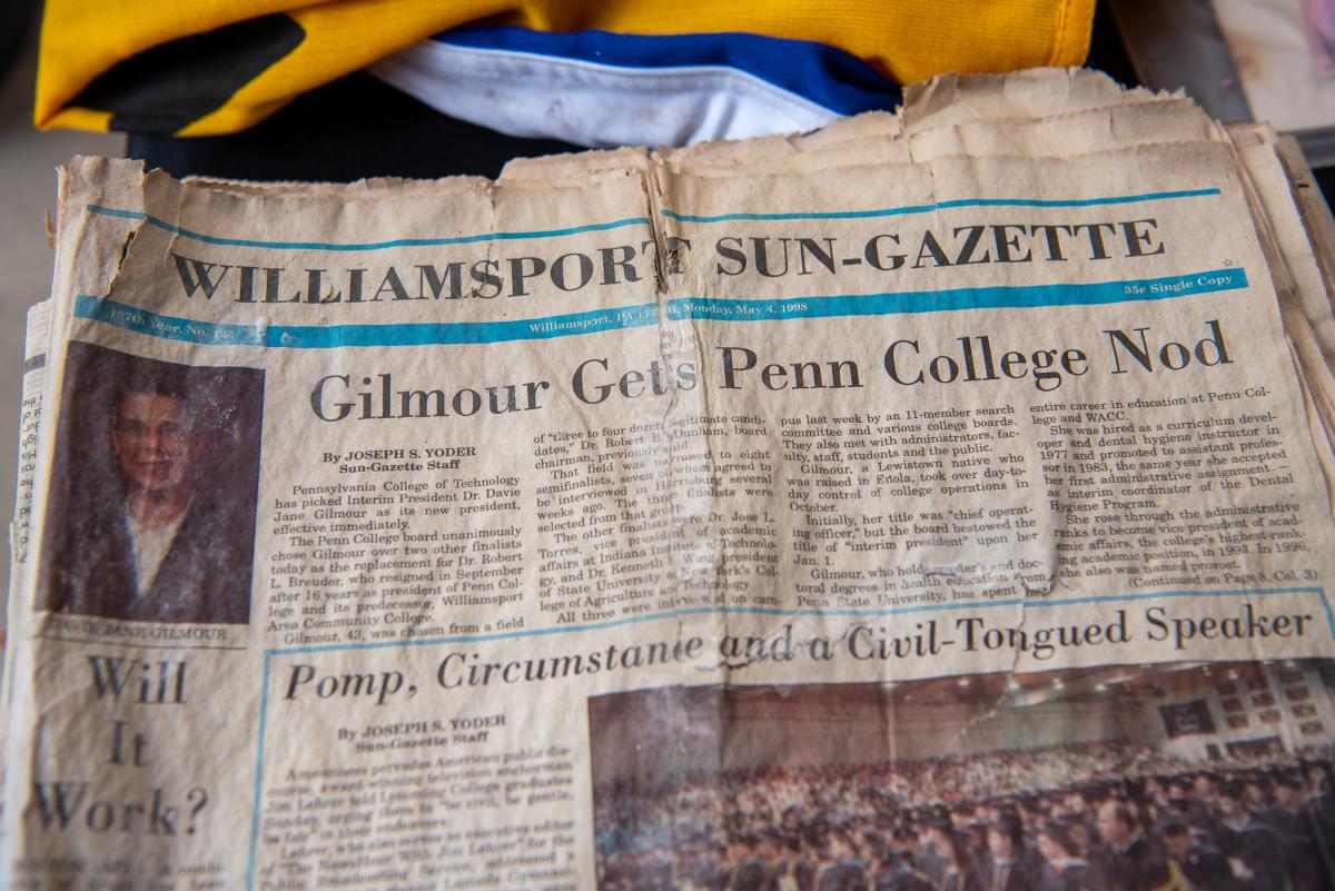 Another unearthed relic is a May 1998 edition of the Williamsport Sun-Gazette announcing Gilmour's selection as president. The author of the article (who had at least one other front-page byline that day) was Joseph S. Yoder, now associate vice president for public relations and marketing at Penn College. Gilmour would hold the position until her retirement in June 2022.