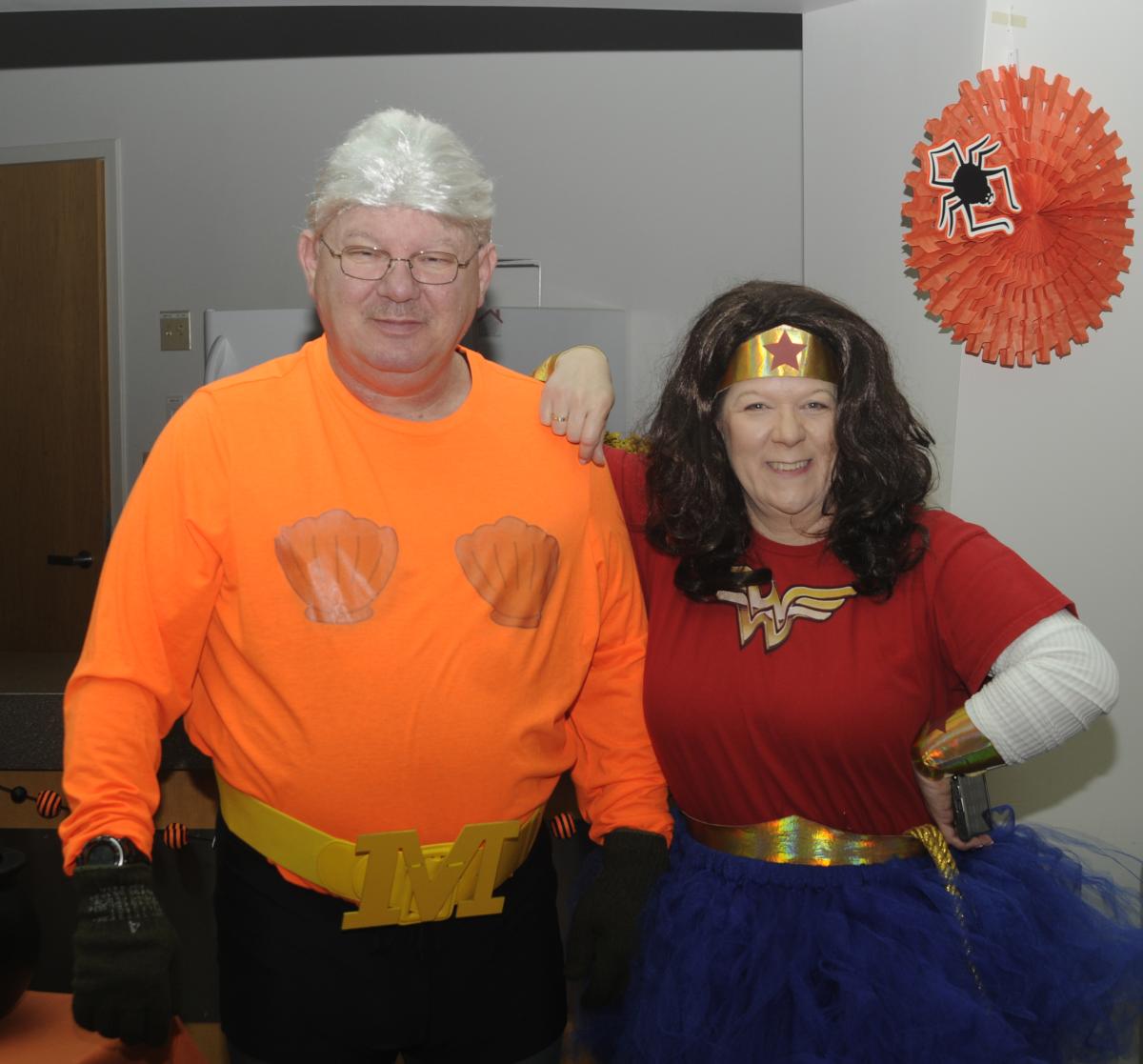 Mermaid Man (of "SpongeBob SquarePants" fame) and Wonder Woman – Chet Beaver, assistant director of student advocacy for veterans/military, and Christie A. Bing Kracker, director of the Center for Academic Excellence – team up in the first-floor lobby, delighting the children through their commitment to character. 