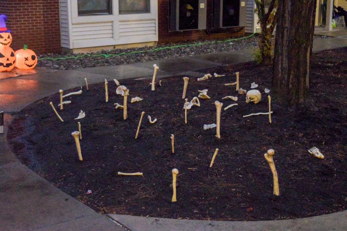 Mulched landscaping adopts a boneyard look for the occasion.