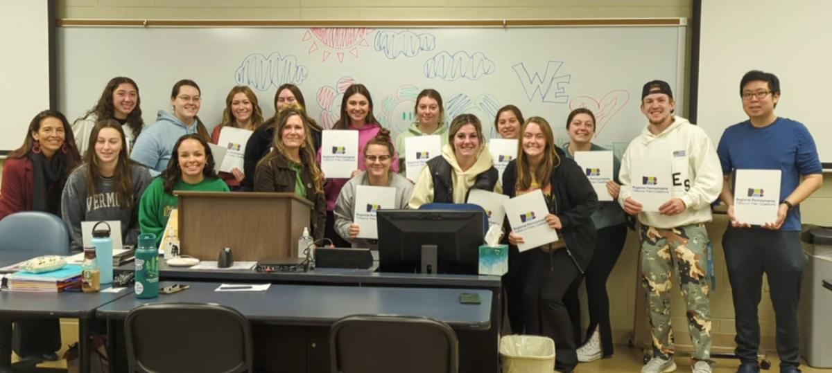 Students in the Pediatric Nursing course are joined by guest presenter Meredith Bigger (front row, fourth from left), a health promotions specialist with the American Lung Association in Pennsylvania. The class is taught by Christine B. Kavanagh (far left), assistant professor of nursing.