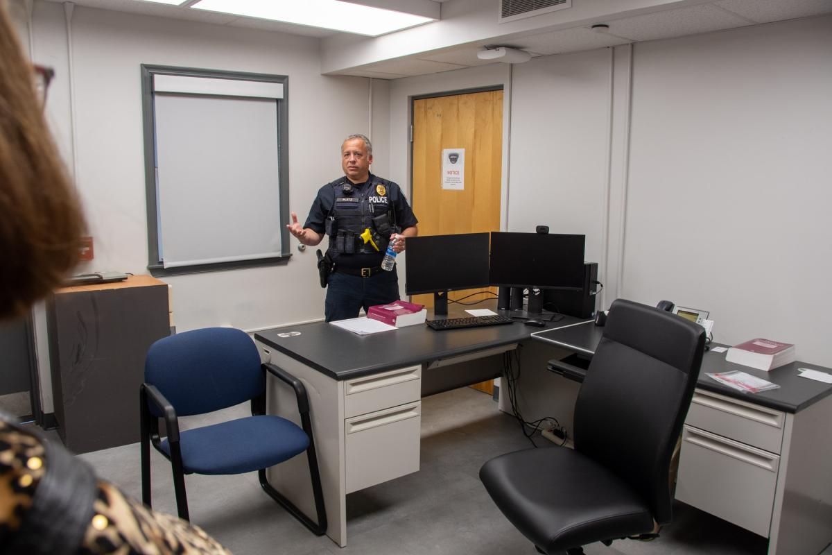 Chief Pletz conducts a tour of Penn College Police headquarters, starting with the interview room.