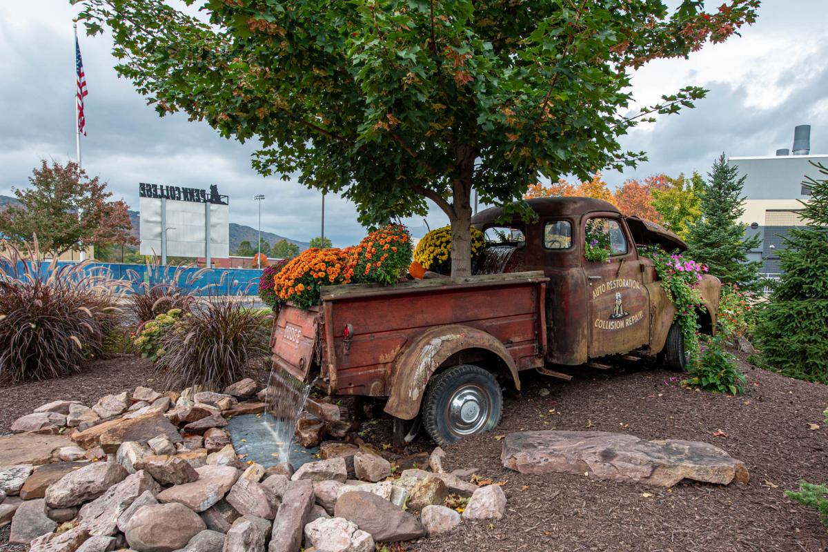 An antique truck water feature on Pennsylvania College of Technology’s main campus was recognized recently with an Honor Award by the Professional Grounds Management Society. The feature, which was designed and constructed by General Services staff in 2018, received the award in the Small Site category of the society’s 2023 Green Star Awards national competition. 