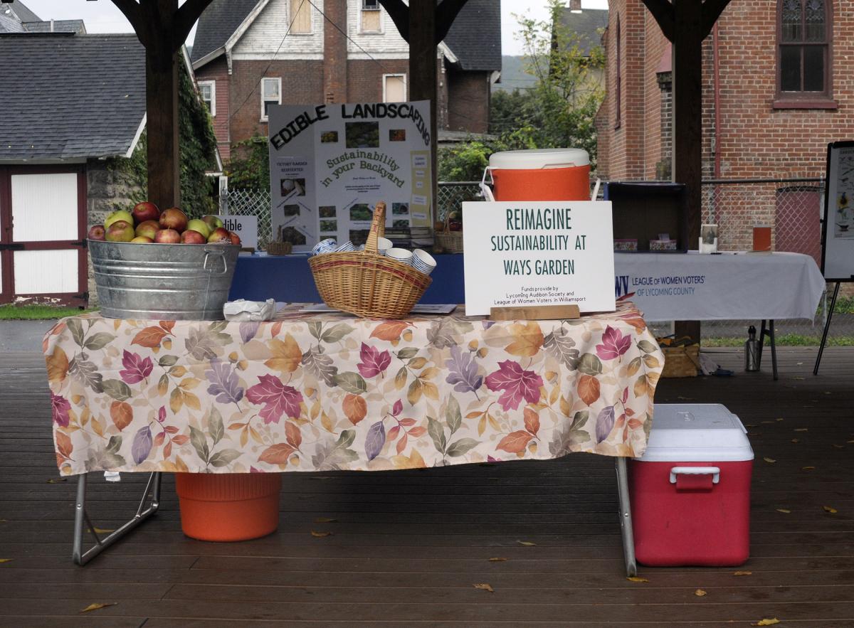 Apples and a foliage-themed tablecloth provide a touch of fall in a centerpiece display that also included information tables and giveaways.