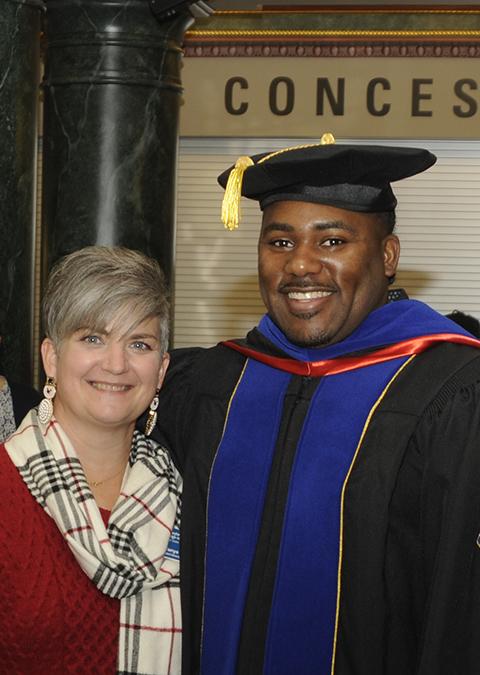 Sharing contagious smiles on a momentous day are Tanya Berfield, director of student advocacy and Title IX coordinator, and Nate Woods Jr., special assistant to the president for inclusion transformation.