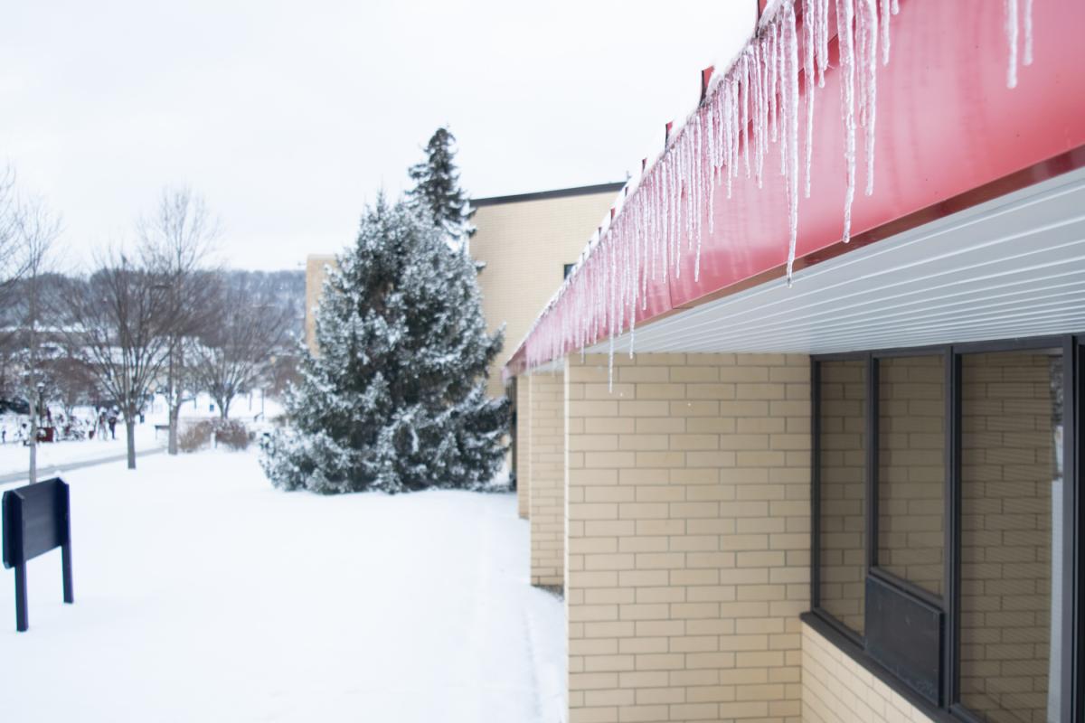Icicles hang from the Hager Lifelong Education Center.