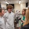 Whartnaby talks with Derby-bound students (from left) Hope G. LoMarro, of Exton, baking & pastry arts; Jalen J.L. Stunkard, of New Fairfield, Conn., baking & pastry arts; and Kylee P. Albert, of Boyertown, business administration.
