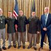 Three Pennsylvania College of Technology Army ROTC cadets were commissioned as second lieutenants on May 11. Flanked by Lt. Gen. Walter E. Piatt, Director of the Army Staff, (at left) and Penn College President Michael J. Reed (at right) are, from left, Adam T. Roe, of Hallstead; Jesse D. Laird V, of Chambersburg; and Trent D. Martin, of Brownstown. 