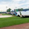 Pennsylvania College of Technology’s Wildcat baseball team members practice their tarp-crew skills before the 2018 MLB Little League Classic, played at Muncy Bank Ballpark at Historic Bowman Field. 