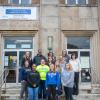 Human services students and their chaperones gather outside the Hazleton One Community Center.  