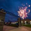 Fireworks light up the sky over the Field House and illuminate the site of Sunday night's convocation: UPMC Field and the M&T Bank Gate. 