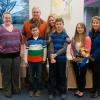 Students in Penn College’s Early Educators Club present a check to the Mattie Family and the First Community Foundation Partnership of Pennsylvania for Connor’s Connection. From left: student Rosalee J. Mead, president of Early Educators; Ray and Michelle Mattie and sons Sam and Connor; student Michele C. Markardt, Homecoming Queen; and Dawn Linn, vice president of philanthropy for First Community.