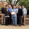 Taking part in the Caterpillar Pathfinder to Excellence Faculty Award presentation are (from left) Randy Fetterolf, Cleveland Brothers Equipment Co.; Melissa Charest, H.O. Penn Machinery Co. Inc.; Karl Quinn, Alban Tractor Co. Inc.; Penn College faculty honoree Brad R. Conklin; Ron Garber, Ransome CAT; Justin W. Beishline, assistant dean of transportation and natural resources technologies; and Ronald Barton, Milton CAT.