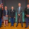 Kurt M. Maly, of Effort, and Megan Nosker, of DuBois, were commissioned as second lieutenants during an Army ROTC ceremony at Pennsylvania College of Technology. From left are: Lt. Col. John Acosta, officiating officer for the ceremony and professor of military science for Bald Eagle Battalion at Lock Haven University; Carolyn R. Strickland, vice president for enrollment management and associate provost; Nosker; President Michael J. Reed; and Maly.