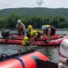 Aboard a Williamsport Bureau of Fire rescue boat, piloted by the bureau’s Kenny Smith, fire engineer, students pull classmate Marissa L. Davis from the water. Davis is from Trafford.