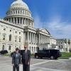 Bradley M. Webb (left), Pennsylvania College of Technology’s dean of engineering technologies, and Christopher J. Holley, assistant professor of automotive technology, stand outside the U.S. Capitol on July 13. They testified before a congressional caucus about recruiting and preparing students for automotive careers amid a nationwide shortage of qualified technicians. (Photo provided)